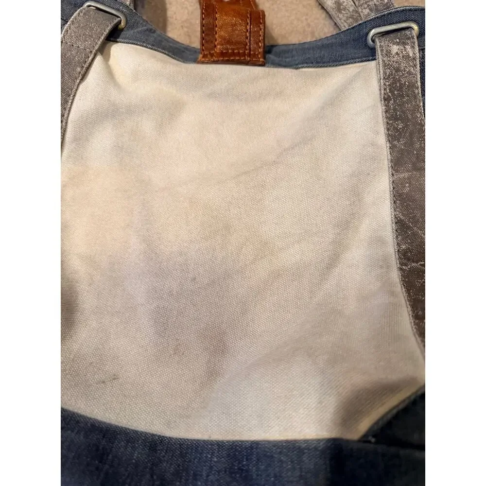 Mona B Upcycled Canvas Tote Handbag Blue Brown Vegan Leather Shoulder Bag Purse